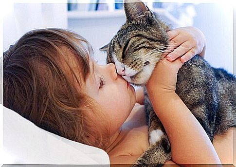 child kisses cat